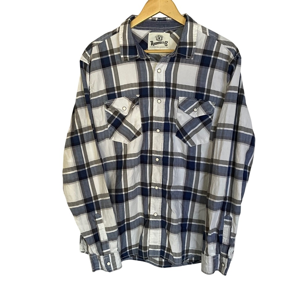 Roebuck & Co Mens Plaid Long Sleeve Snap Button‎ Western Shirt XL